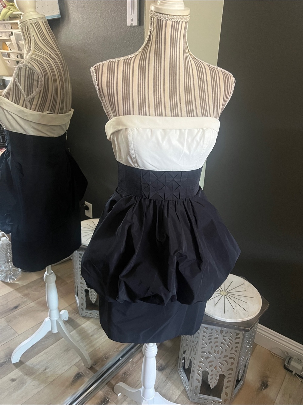 BCBGMaxAzria Black and White Strapless Bubble-Hem Cocktail Dress